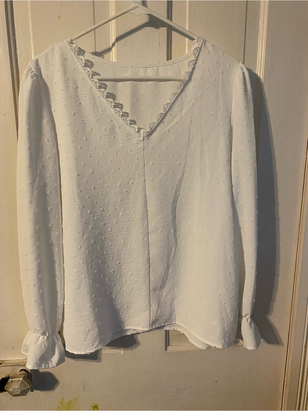 Women's White V-Neck Swiss Dot Blouse